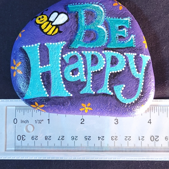 Bee Happy Purple & Teal Painted Rock - Picture 5 of 7